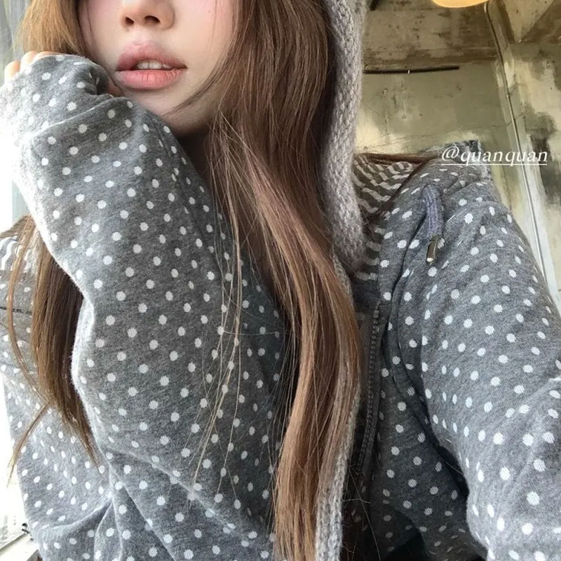 Women'S Fashion Zip Hoodie - Korean Polka Dot Casual Printed Hoodies
