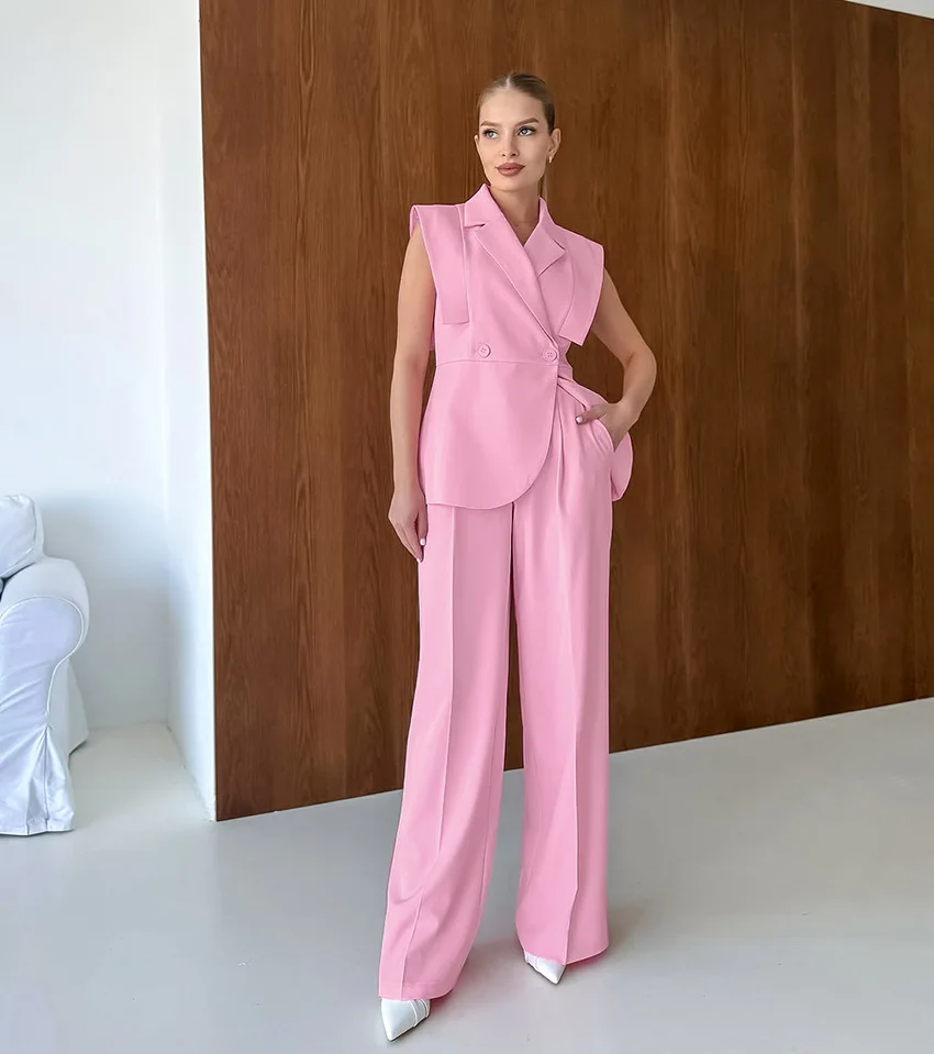 Women'S Fashion Summer 2025 - Pink Waistcoat Pants Suit Women Lapel