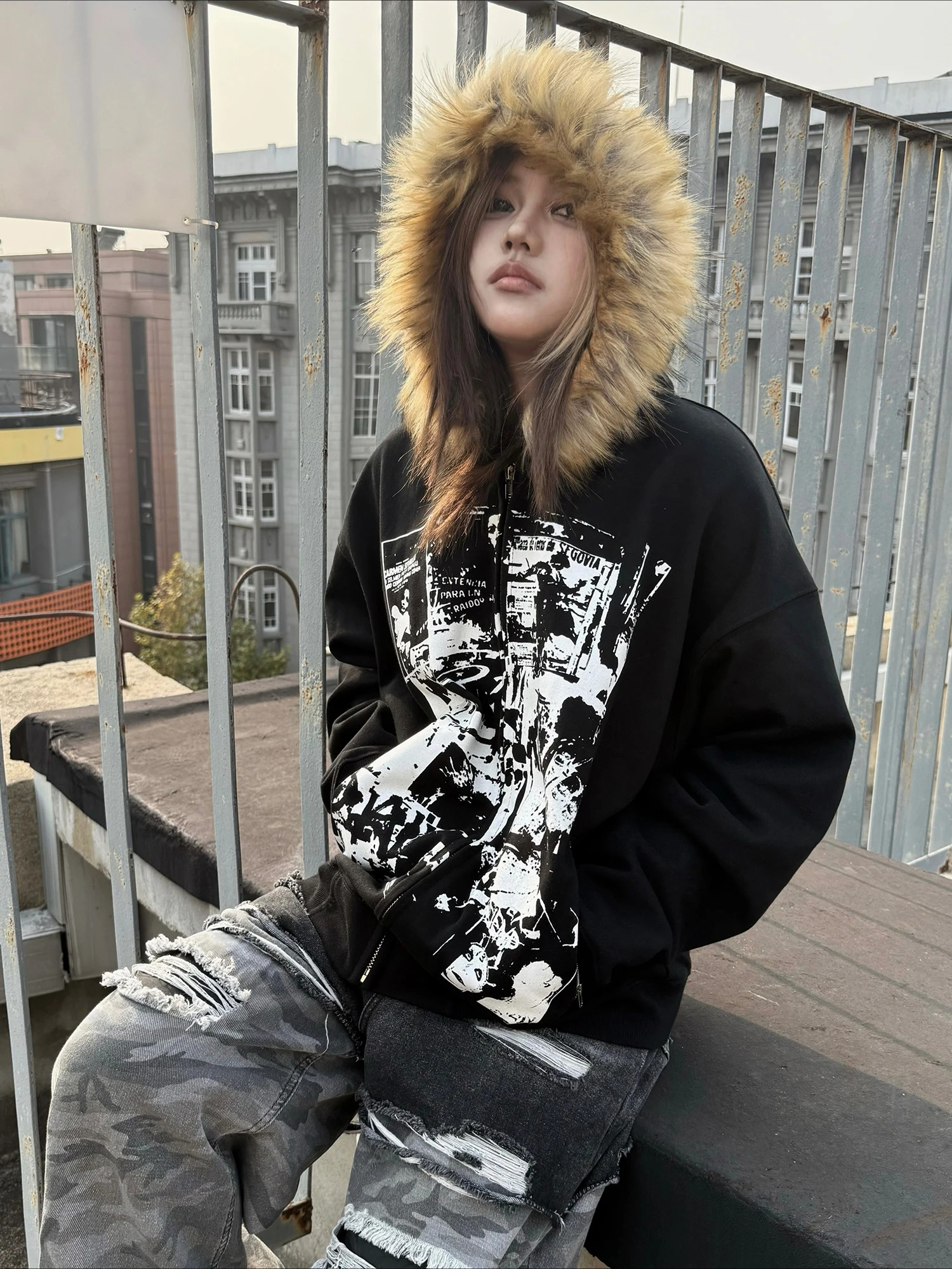 Grey Faux Fur Wool Double Zipp - Women'S Fashion Zip Hoodie 리뷰 및 가격
