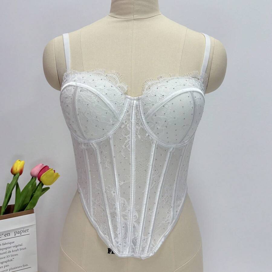 White Lace Rhinestone Corset T - Corset Top Boned 리뷰 및 가격