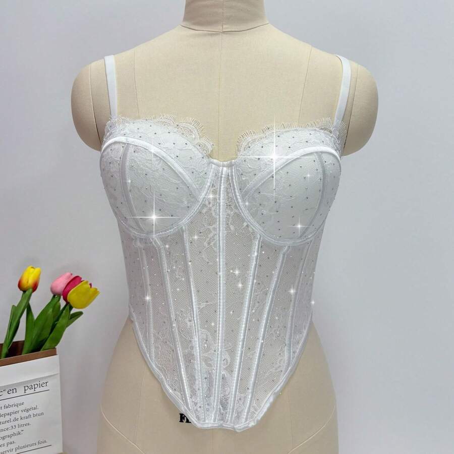 White Lace Rhinestone Corset T - Corset Top Boned 리뷰 및 가격