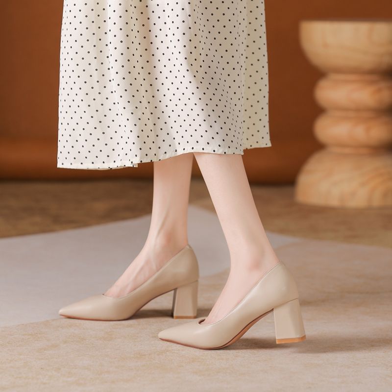glossy thick heel pointed head - Women Fashion Model 리뷰 및 가격