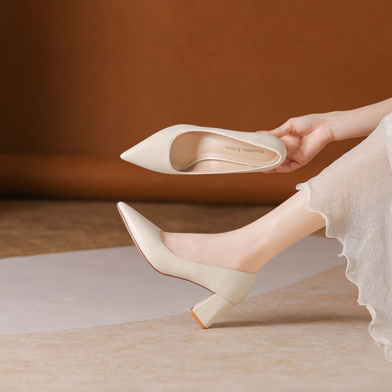 glossy thick heel pointed head - Women Fashion Model 리뷰 및 가격