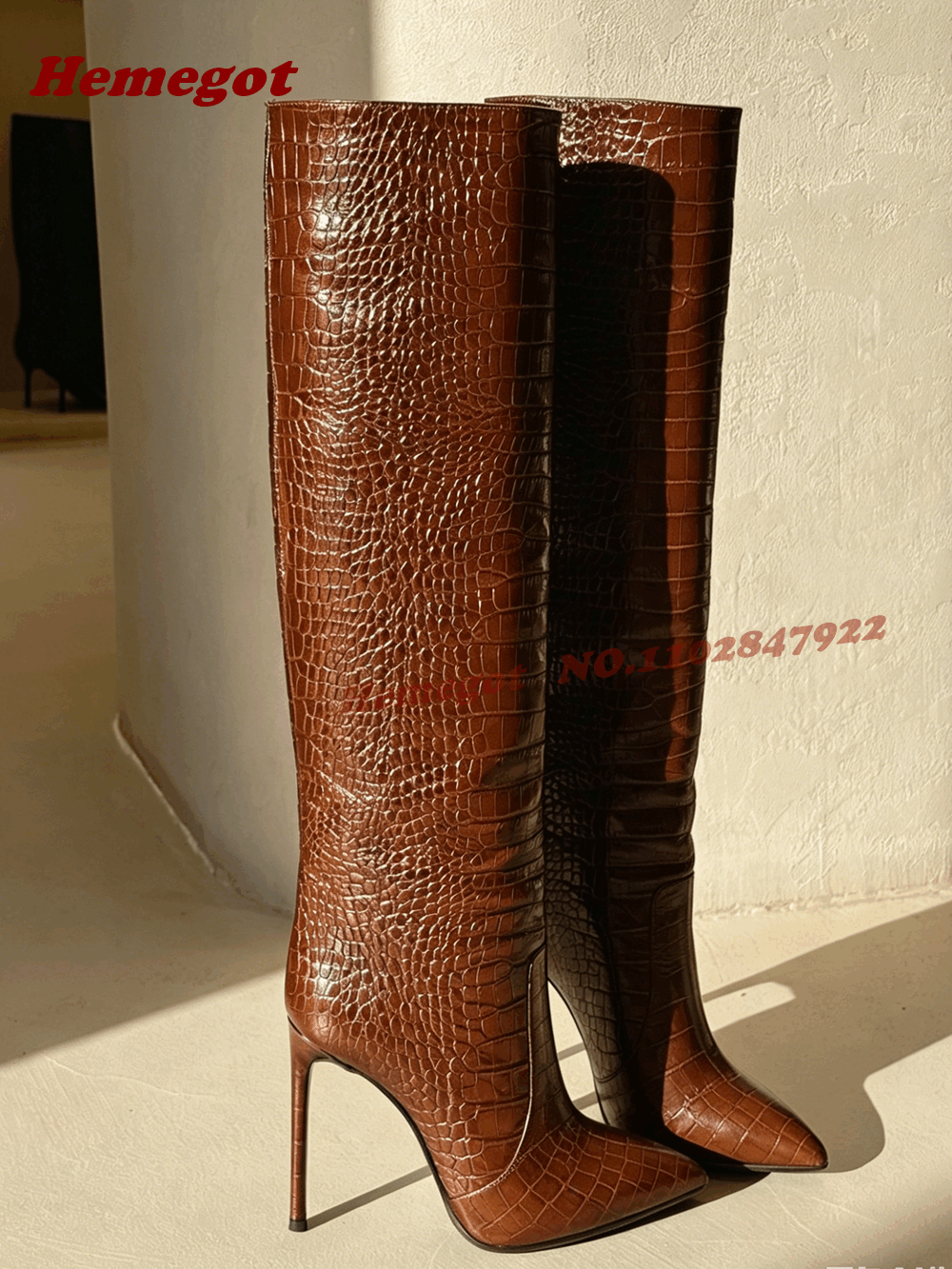 Brown Croc-Embossed Leather Kn - Winter Fashion Women Boots 리뷰 및 가격
